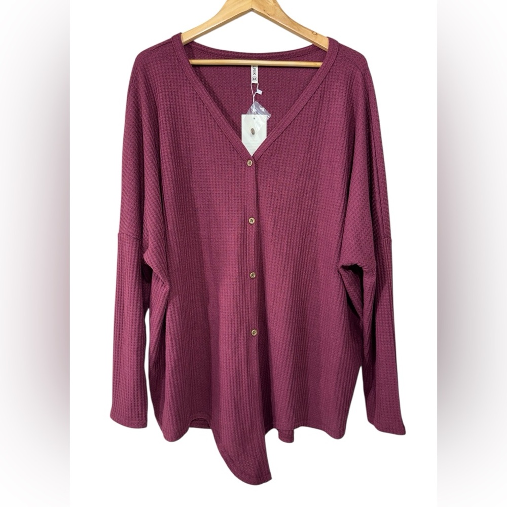 Olrik Womens 4x Maroon Waffle Knit Button Front Cardigan Sweater Front Tie NWT